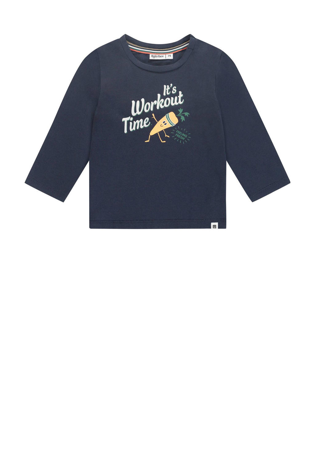 Blauwe jongens Babyface longsleeve van stretchkatoen met printopdruk, lange mouwen, ronde hals en drukknoopsluiting