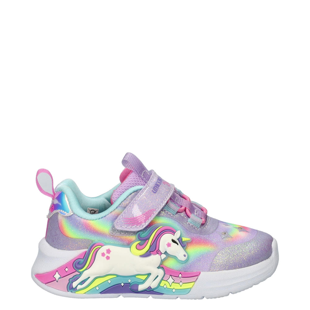Lilakleurige meisjes Skechers Unicorn Chaser sneakers van nylon met elastische veter- met klittenbandsluiting en personageprint