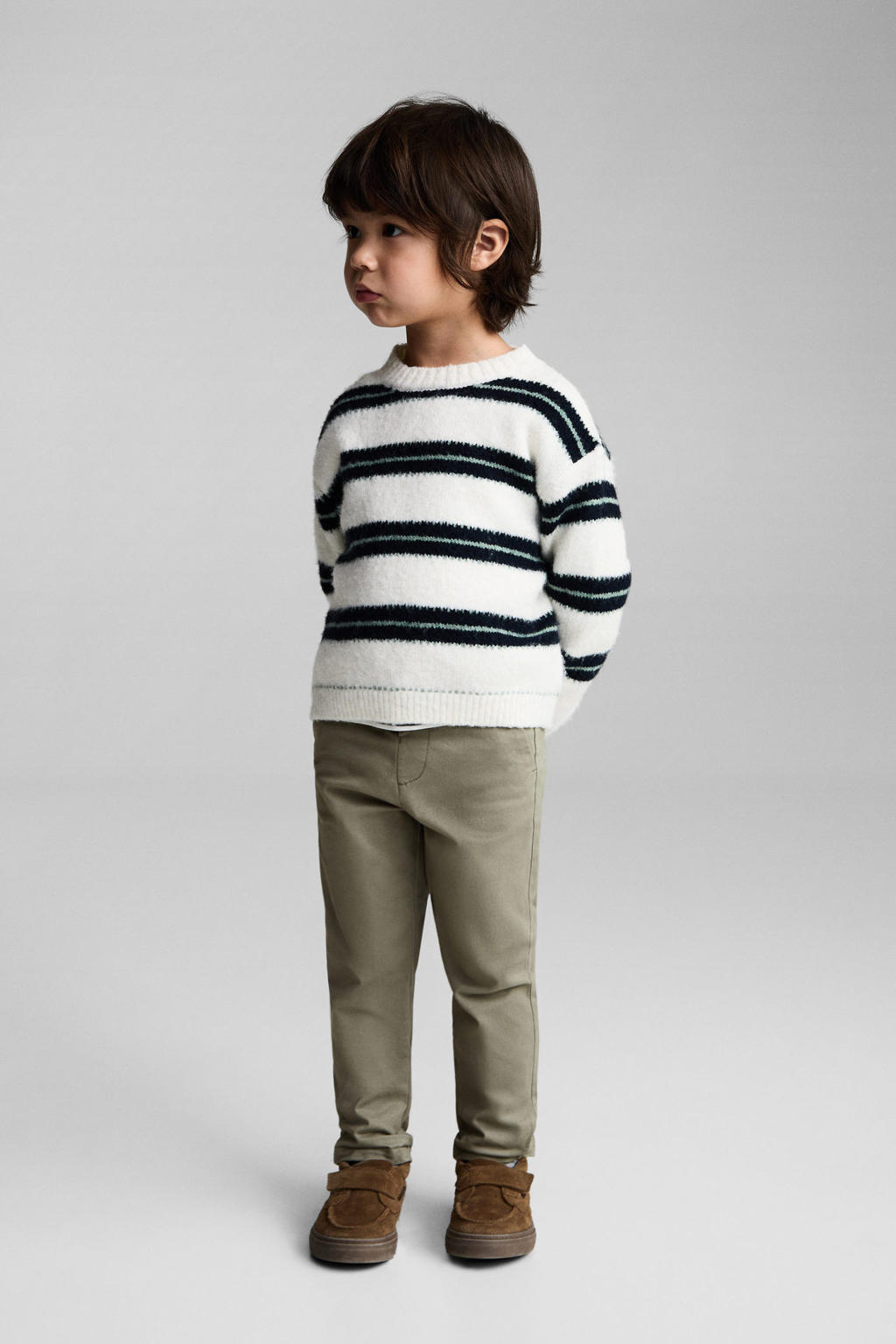 Kakikleurige jongens Mango Kids regular casual broek van stretchkatoen met rits- en knoopsluiting en effen
