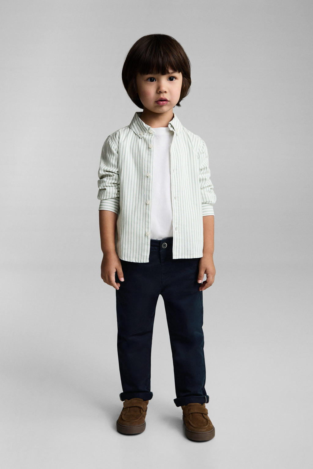 Marineblauwe jongens Mango Kids regular casual broek van stretchkatoen met rits- en knoopsluiting en effen