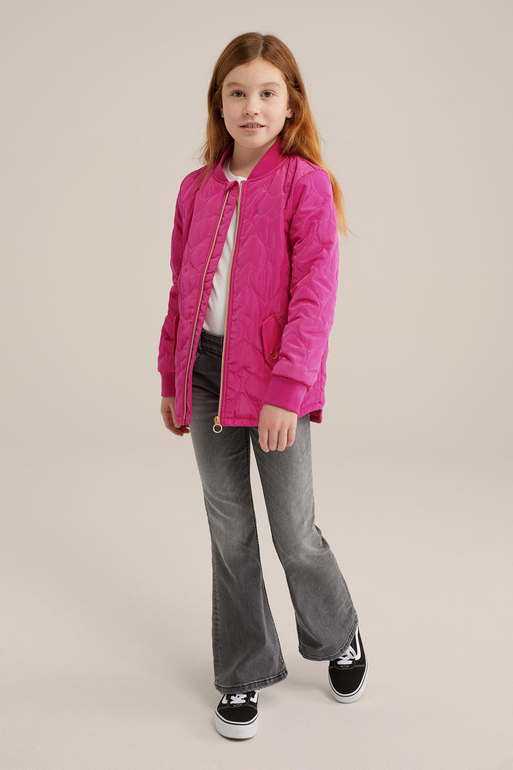 Roze meisjes WE Fashion bomberjack van polyester met effen, lange mouwen, ronde hals, ritssluiting en quilted