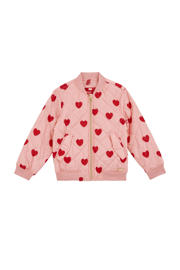 thumbnail: Lichtroze, roze en rode meisjes WE Fashion bomberjack van polyester met hartjesprint, lange mouwen, ronde hals, ritssluiting en geribde boorden