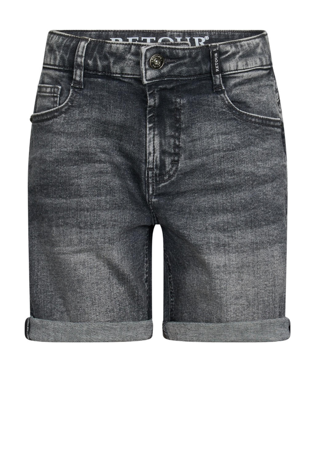 Grey denim jongens Retour Jeans relaxed short van stretchdenim met rits- en knoopsluiting en effen