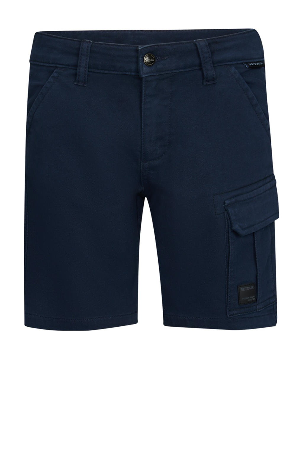 Donkerblauwe jongens Retour Jeans straight cargo short van stretchkatoen met rits- en knoopsluiting en effen