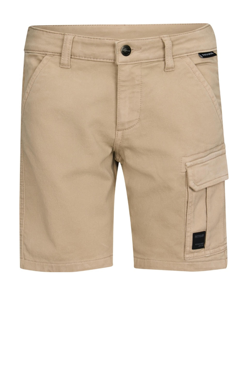 Zandkleurige jongens Retour Jeans straight cargo short van stretchkatoen met rits- en knoopsluiting en effen