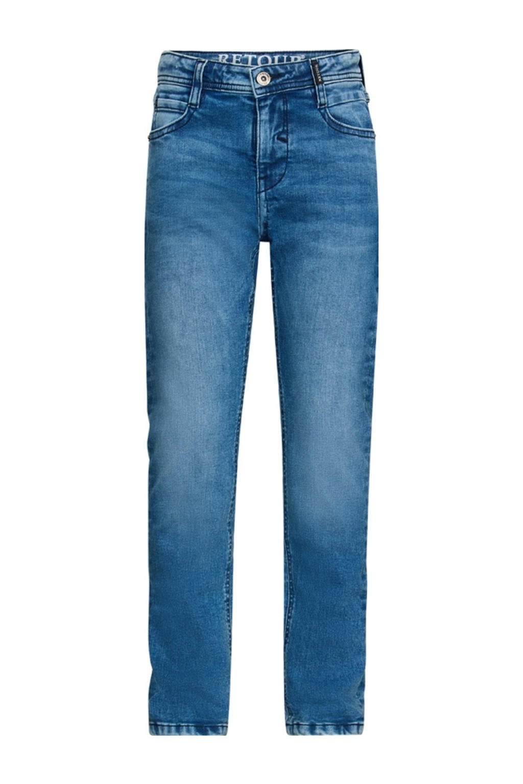 Medium blue denim jongens Retour Jeans straight leg jeans van stretchdenim met rits- en knoopsluiting en effen