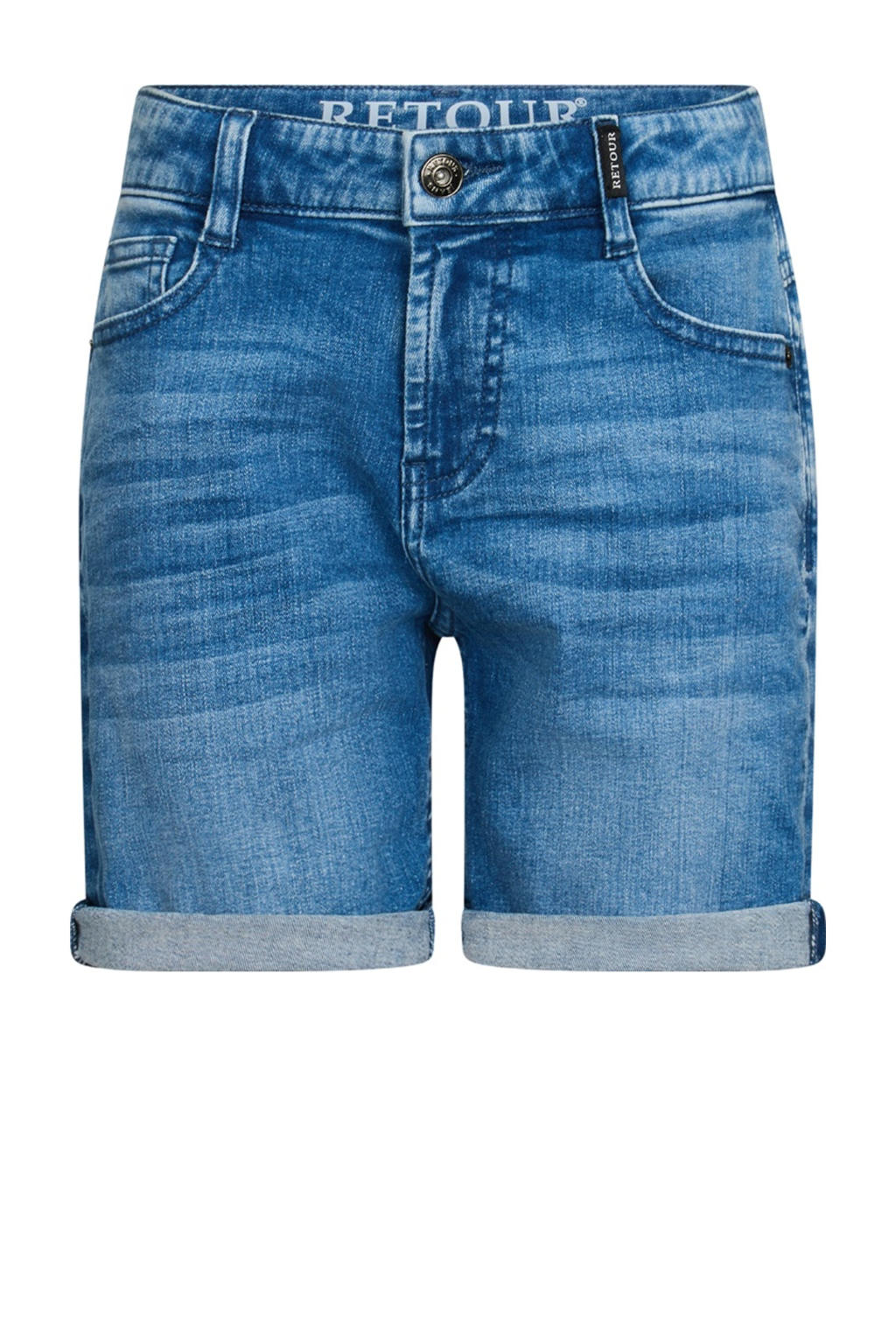 Dark blue denim jongens Retour Jeans relaxed short dark blue van stretchdenim met rits- en knoopsluiting en effen