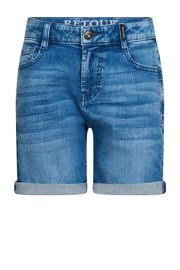 thumbnail: Dark blue denim jongens Retour Jeans relaxed short dark blue van stretchdenim met rits- en knoopsluiting en effen