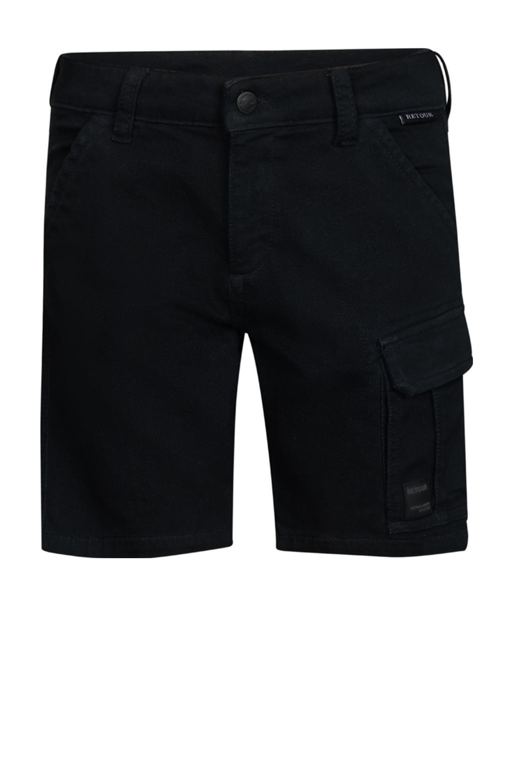 Zwarte jongens Retour Jeans straight cargo short van stretchkatoen met rits- en knoopsluiting en effen