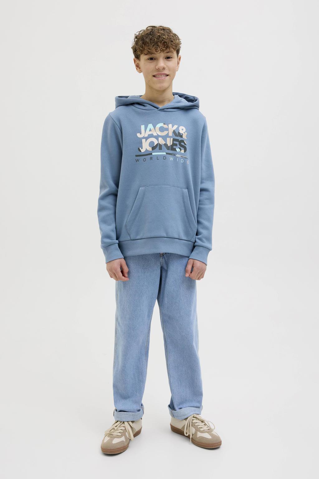 Blauwe jongens JACK & JONES JUNIOR hoodie van sweat materiaal met logo dessin, lange mouwen en capuchon