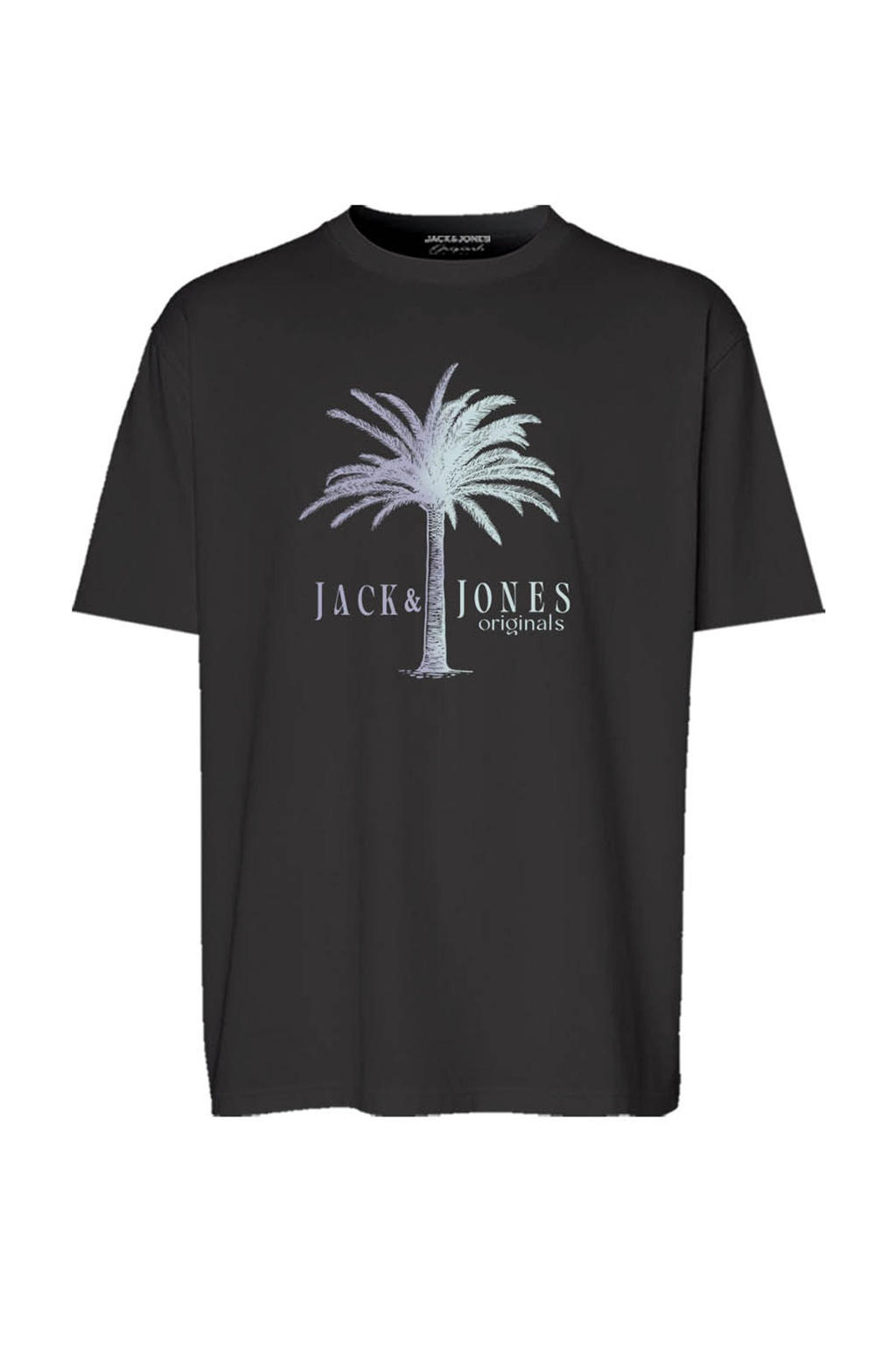 Zwarte jongens JACK & JONES JUNIOR T-shirt van katoen met effen, korte mouwen en ronde hals