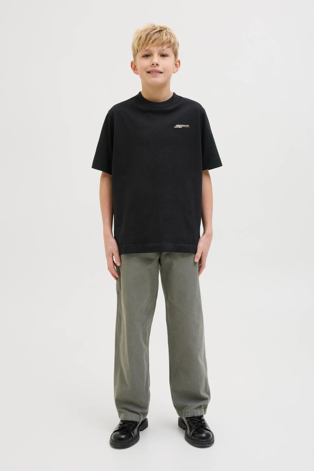 Zwarte jongens JACK & JONES JUNIOR T-shirt van katoen met effen, korte mouwen en ronde hals