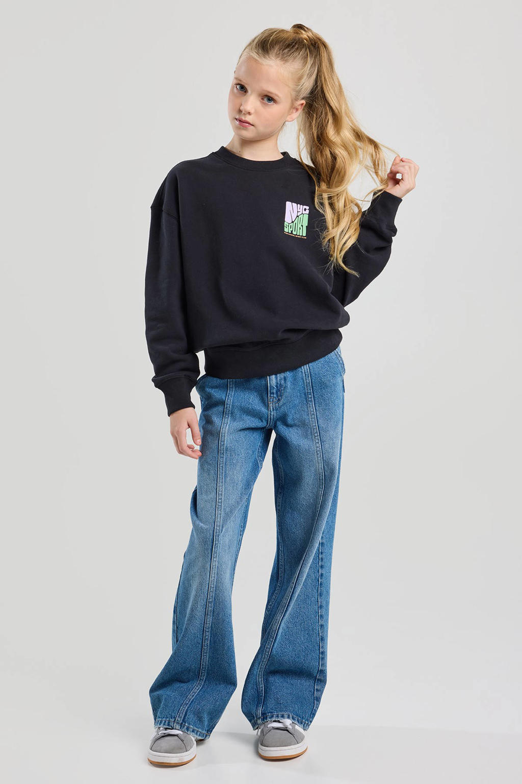 Zwarte meisjes America Today sweater met backprint, lange mouwen en ronde hals