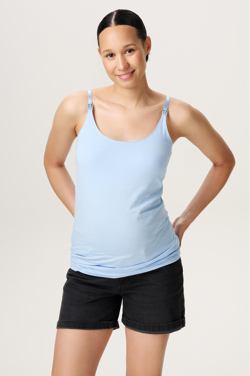 Lichtblauwe dames Noppies maternity zwangerschaps- en voedings spaghettitop met spaghettibandjes en ronde hals