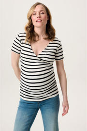 thumbnail: Beige en zwarte dames Noppies maternity zwangerschaps- en voedings top met strepenprint, korte mouwen, V-hals en overslag detail