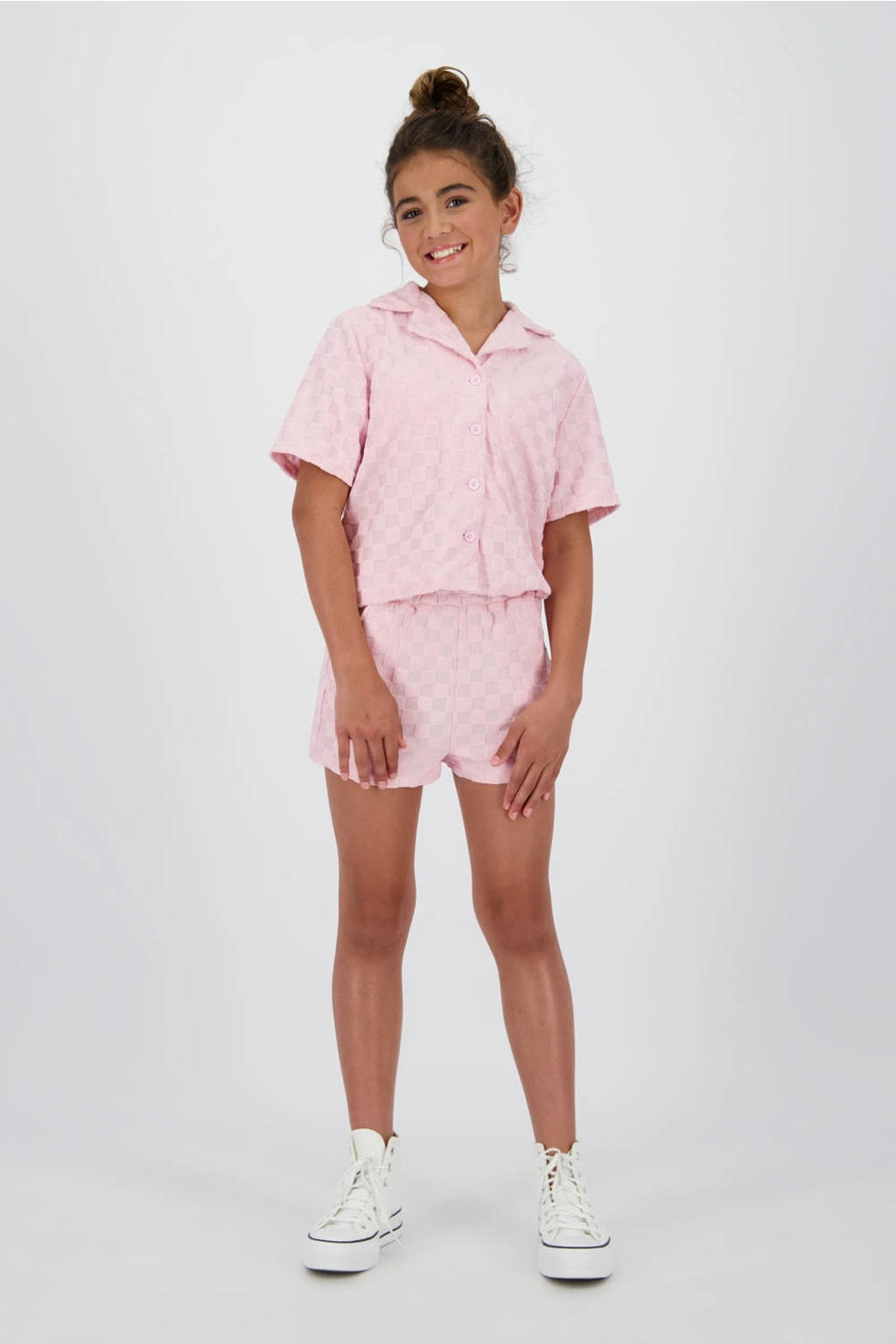 Lichtroze meisjes Raizzed loose casual short van polyester met regular waist, elastische tailleband en ruitenprint