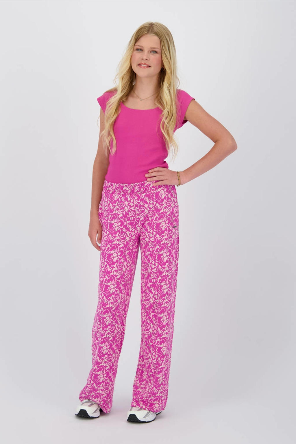 Roze en beige meisjes Raizzed loose casual broek van viscose met regular waist en elastische tailleband