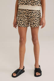 thumbnail: Beige en zwarte meisjes WE Fashion straight sweatshort van katoen met elastische tailleband en panterprint
