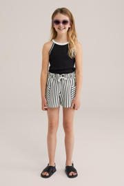 thumbnail: Zwarte meisjes WE Fashion straight casual short van katoen met elastische tailleband met koord en strepenprint