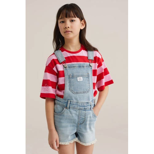 WE Fashion Blue Ridge tuinbroek light blue denim Blauw Meisjes Stretchkatoen Vierkante hals - maat 104 afbeelding