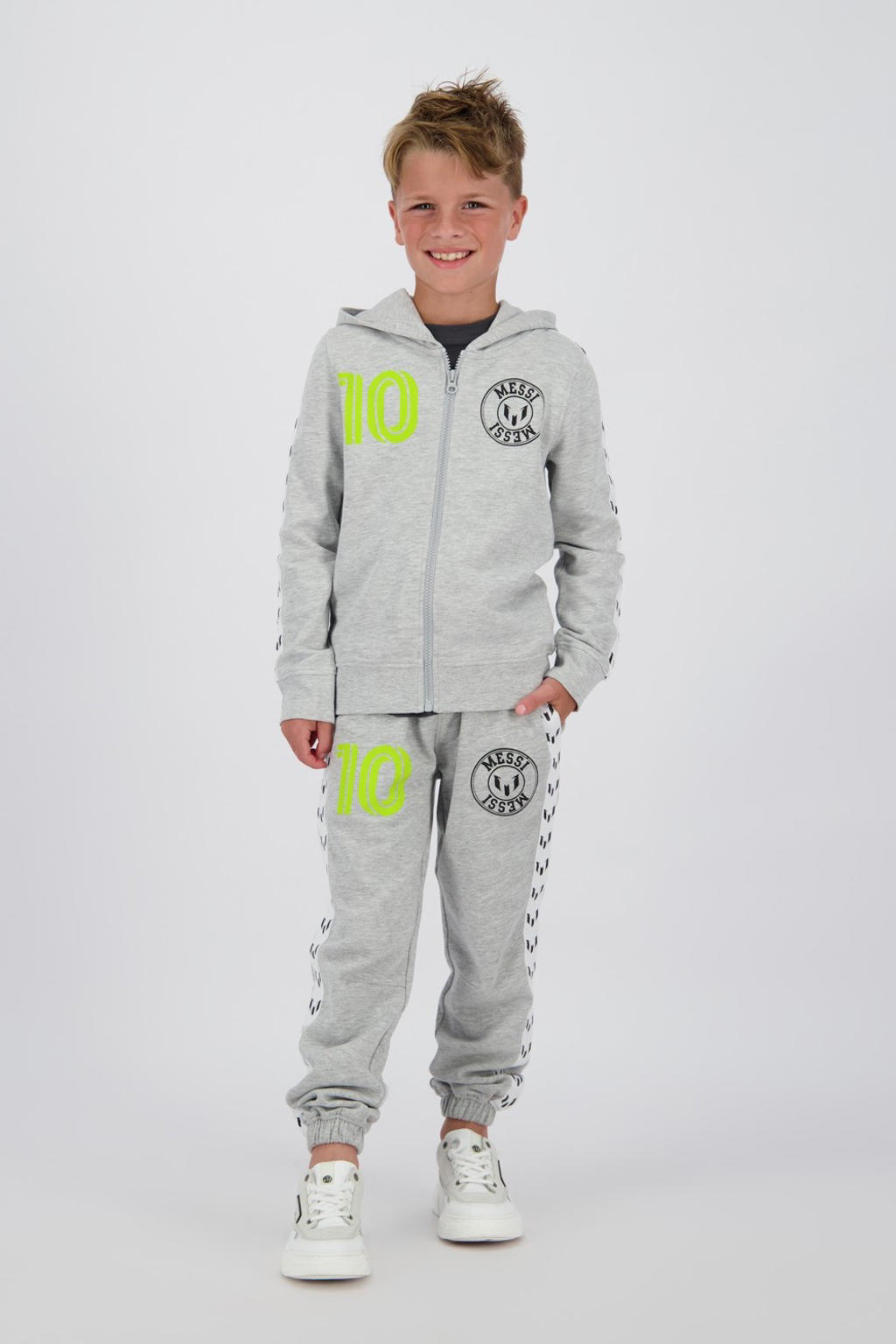 Grijs melange jongens en meisjes Messi sweatvest melange met printopdruk, lange mouwen, capuchon, ritssluiting en geribde boorden