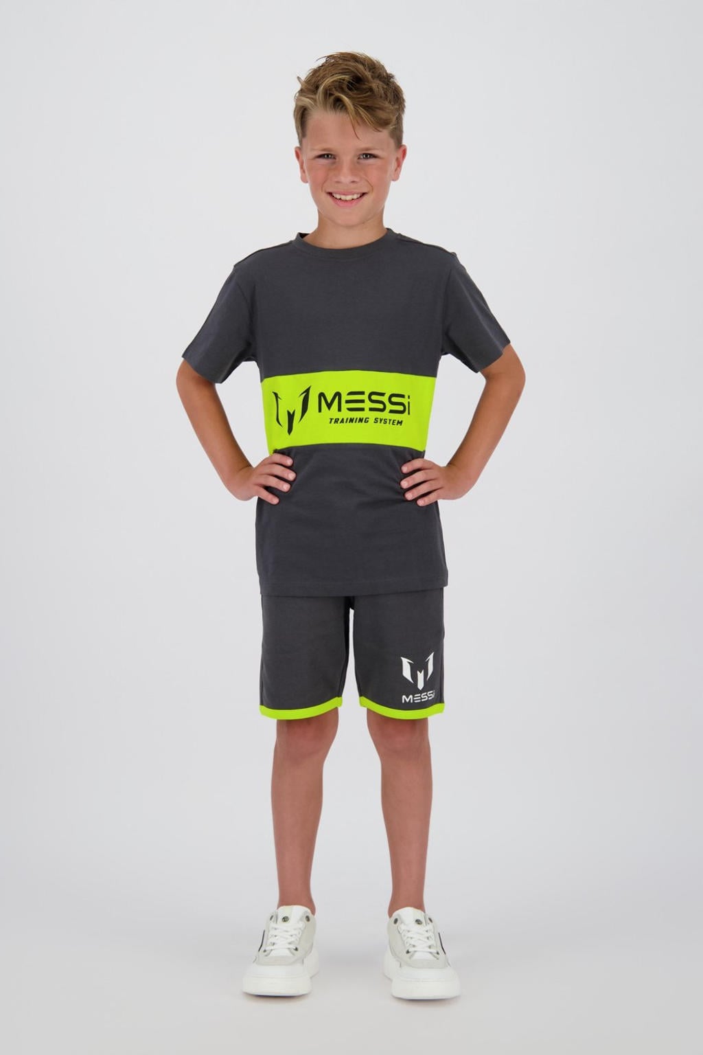 Grijs en neonkleurige jongens en meisjes Messi T-shirt van polyester met logo dessin, korte mouwen en ronde hals