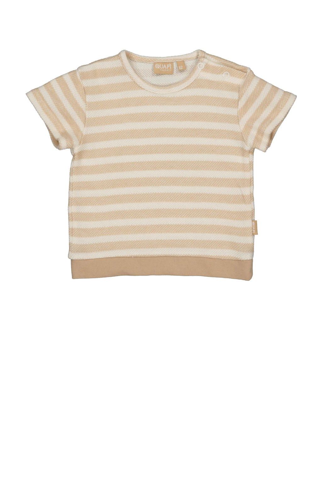 Beige en ecru jongens Quapi Newborn T-shirt van katoen met strepenprint, korte mouwen, ronde hals en drukknoopsluiting