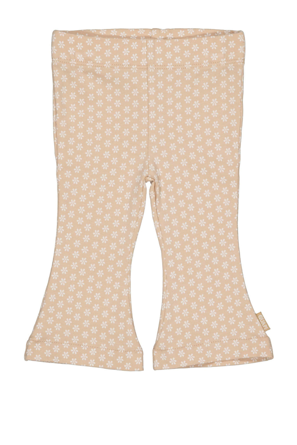 Beige en witte meisjes Quapi Newborn regular flared broek van stretchkatoen met elastische tailleband en bloemenprint