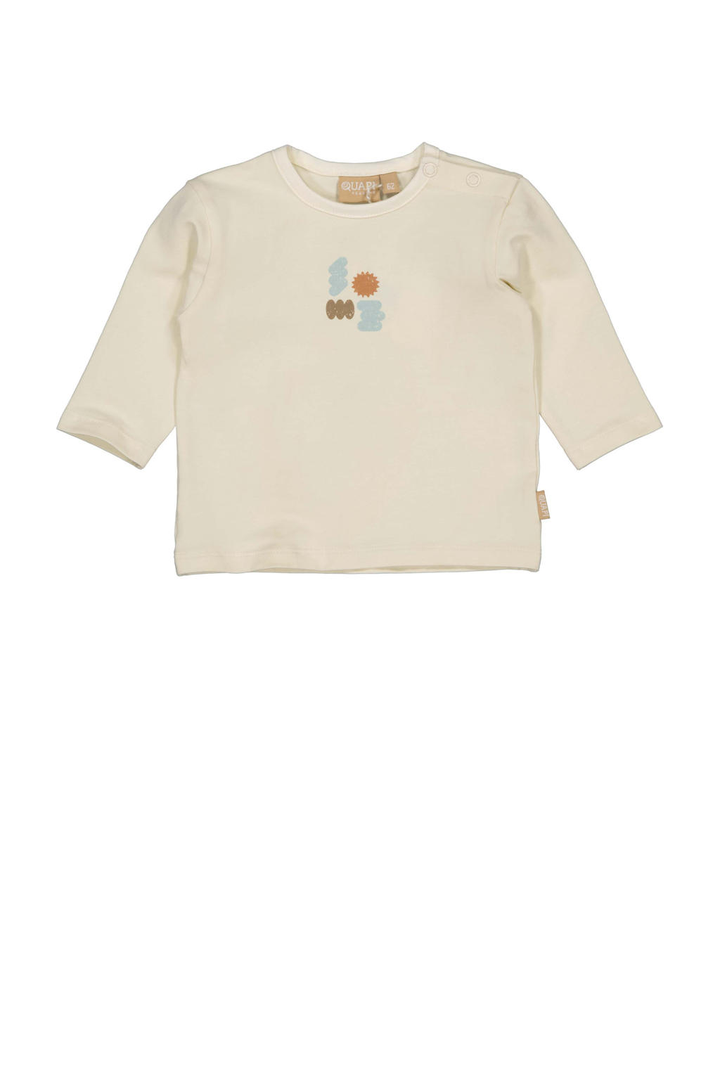 Ecru en lichtblauwe jongens Quapi Newborn longsleeve van stretchkatoen met printopdruk, lange mouwen, ronde hals en drukknoopsluiting