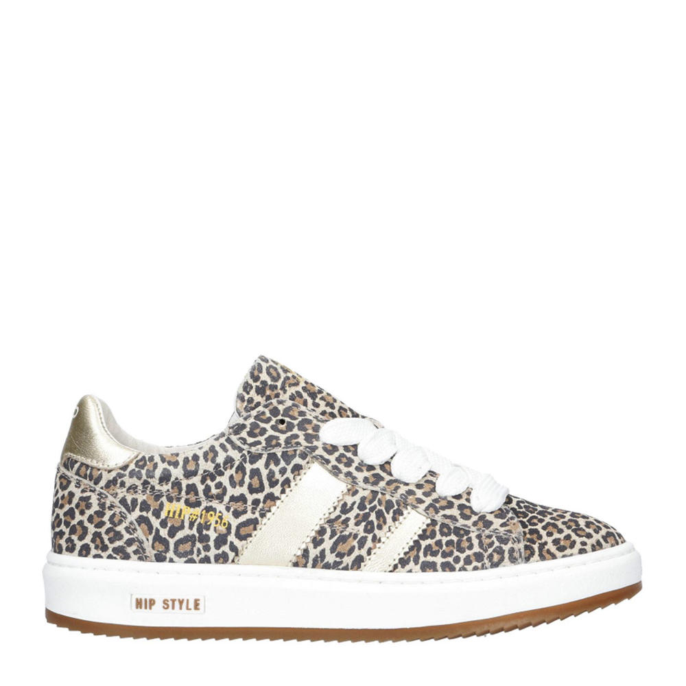 Beige meisjes Hip suède sneakers met rits- en vetersluiting en panterprint