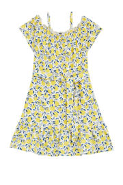 thumbnail: Geel, blauw en witte meisjes WE Fashion zomerjurk van stretchkatoen met korte mouwen, off shoulder hals en ceintuur