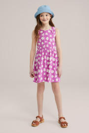 thumbnail: Paars, ecru en gele meisjes WE Fashion korte jurk van stretchkatoen met bloemenprint, ronde hals en open detail