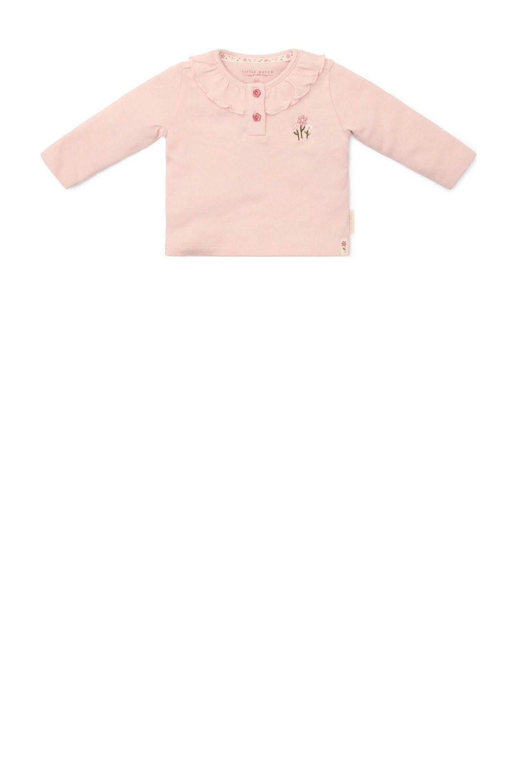 Roze meisjes Little Dutch longsleeve van katoen met effen, lange mouwen, ronde hals, knoopsluiting en ruches