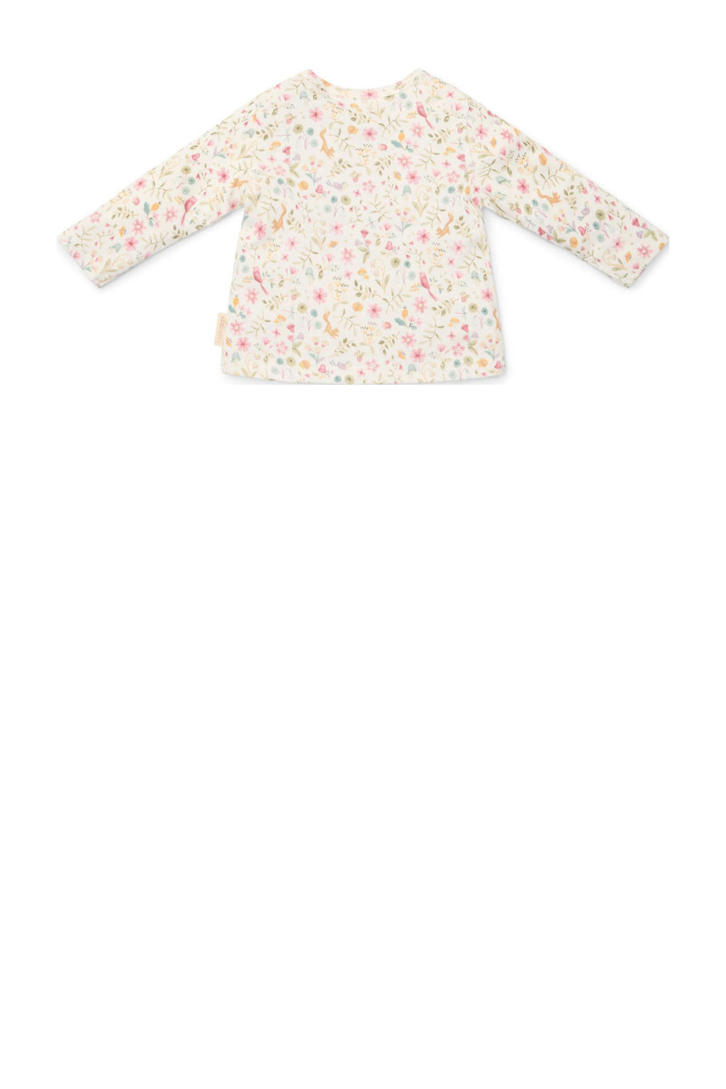 Ecru, roze en groene meisjes Little Dutch longsleeve van katoen met bloemenprint, lange mouwen, ronde hals en drukknoopsluiting