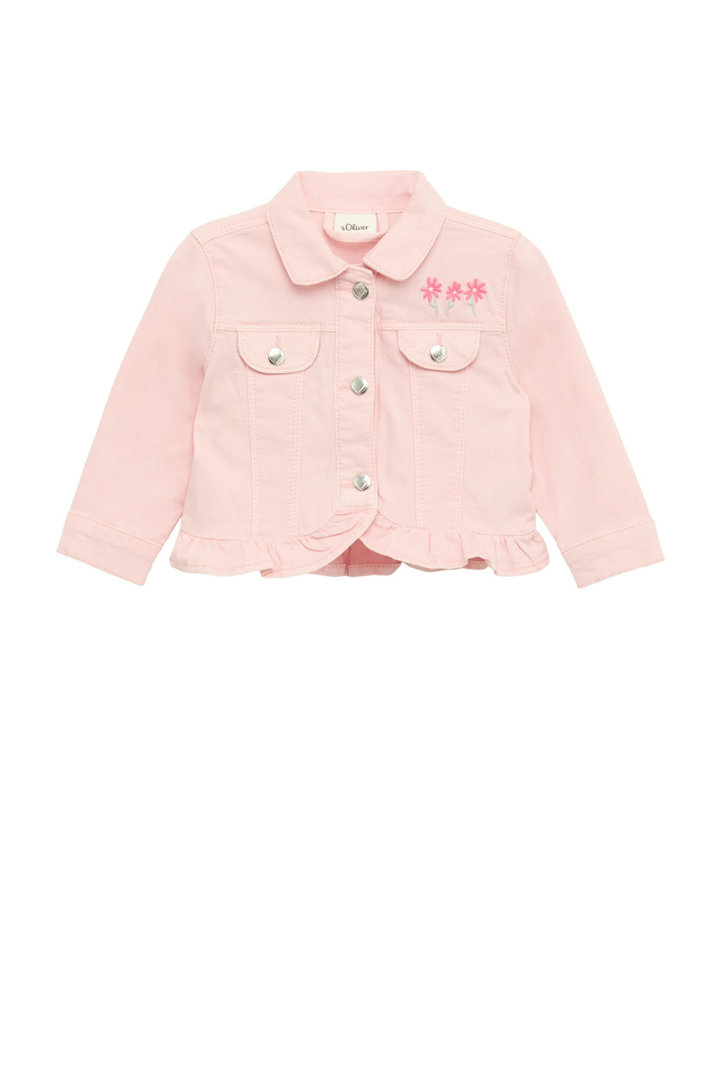 Roze meisjes s.Oliver spijkerjas lente; van stretchdenim met effen, lange mouwen, klassieke kraag, knoopsluiting en ruches