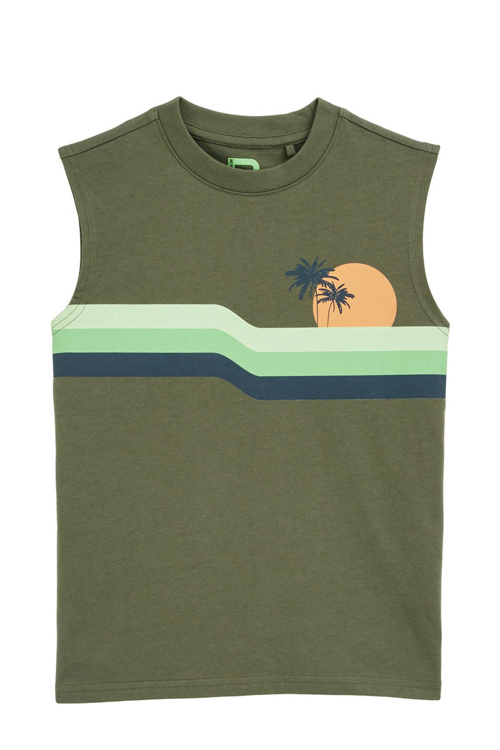 Olijfgroene jongens WE Fashion singlet van katoen met printopdruk en ronde hals
