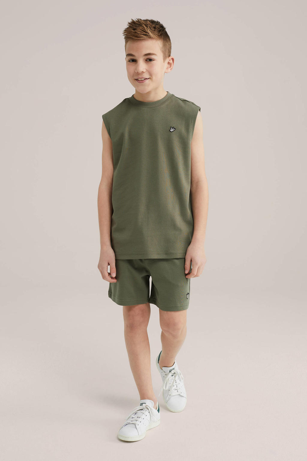 Kakikleurige jongens WE Fashion singlet van katoen met effen en ronde hals