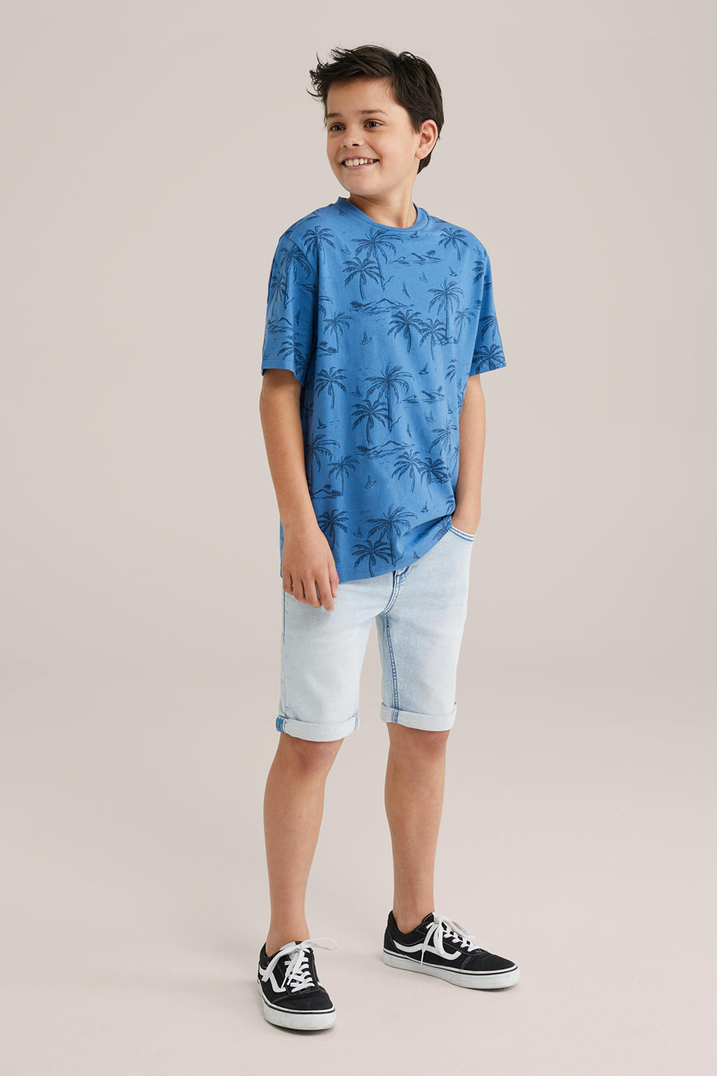 Blauwe jongens WE Fashion T-shirt van katoen met korte mouwen en ronde hals