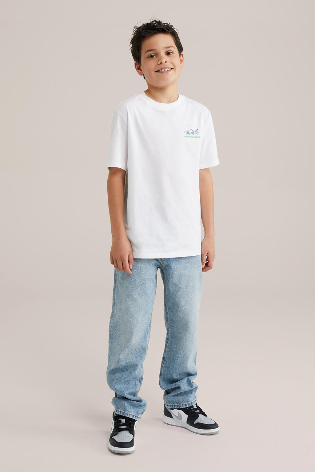 Wit, groen en blauwe jongens WE Fashion T-shirt van katoen met printopdruk, korte mouwen en ronde hals