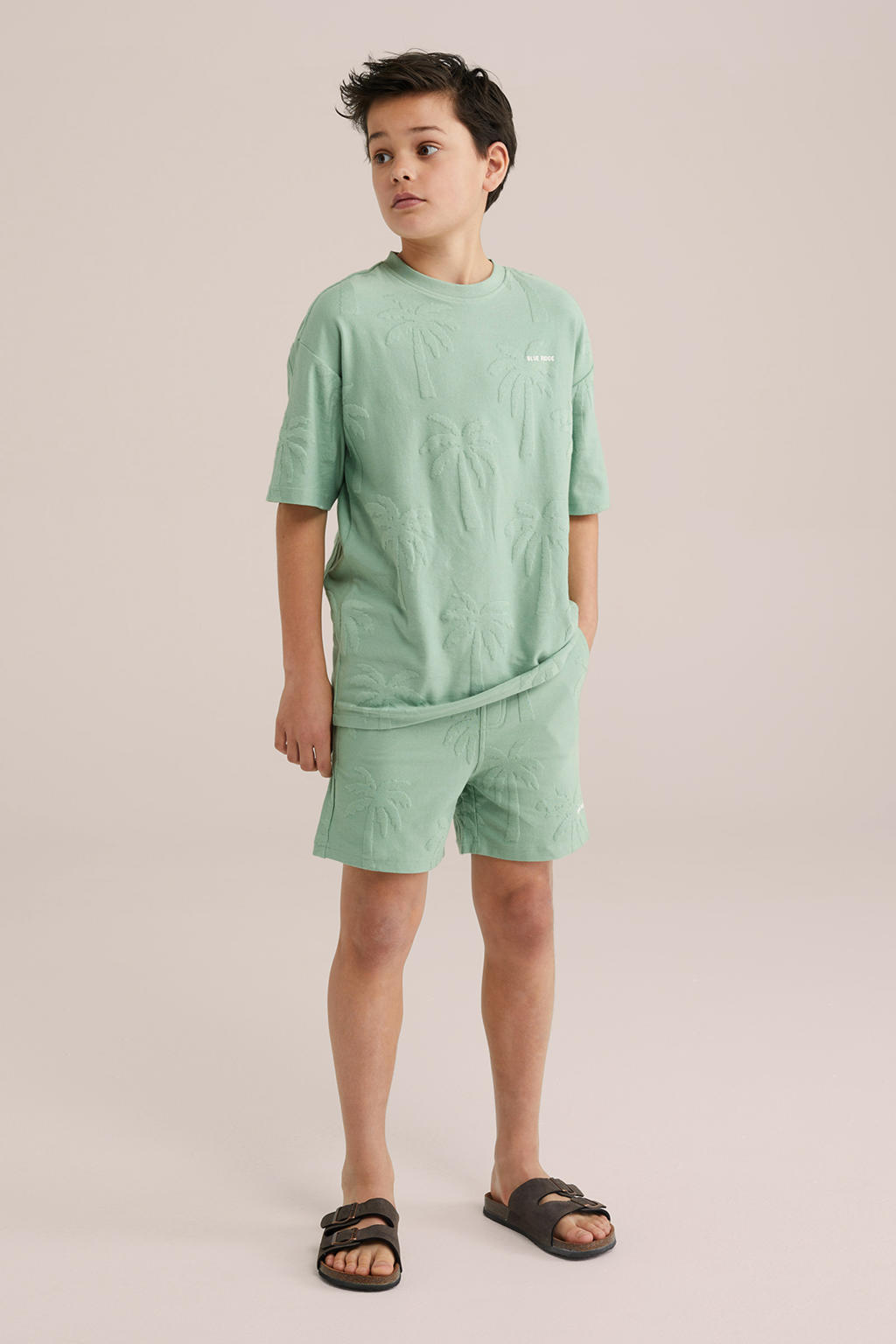 Mintgroene jongens WE Fashion T-shirt van stretchkatoen met korte mouwen, ronde hals en textuur