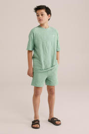 thumbnail: Mintgroene jongens WE Fashion T-shirt van stretchkatoen met korte mouwen, ronde hals en textuur