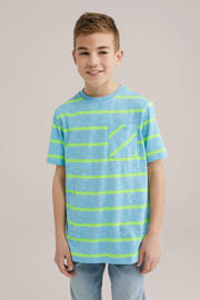 thumbnail: Lichtblauw en limegroene jongens WE Fashion T-shirt van katoen met strepenprint, korte mouwen en ronde hals