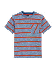 thumbnail: Donkerblauw en rode jongens WE Fashion T-shirt van katoen met strepenprint, korte mouwen en ronde hals