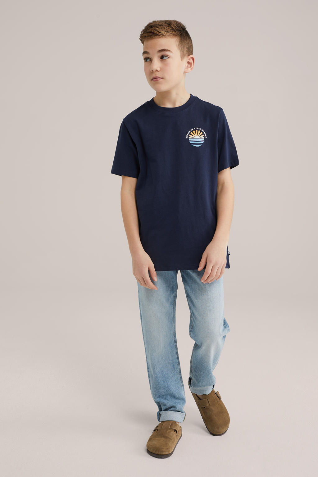Donkerblauwe jongens WE Fashion Blue Ridge T-shirt van katoen met backprint, korte mouwen en ronde hals