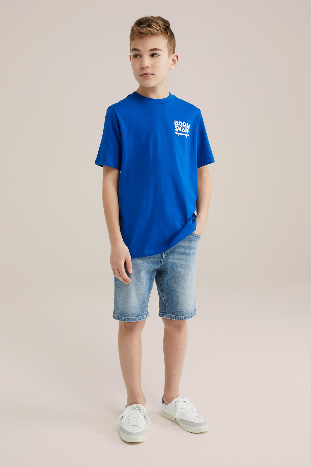 Blauwe jongens WE Fashion Blue Ridge T-shirt van katoen met backprint, korte mouwen en ronde hals