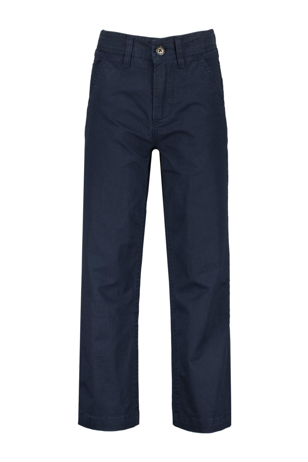 Donkerblauwe jongens Vingino relaxed chino van stretchkatoen met regular waist, rits- en knoopsluiting en effen