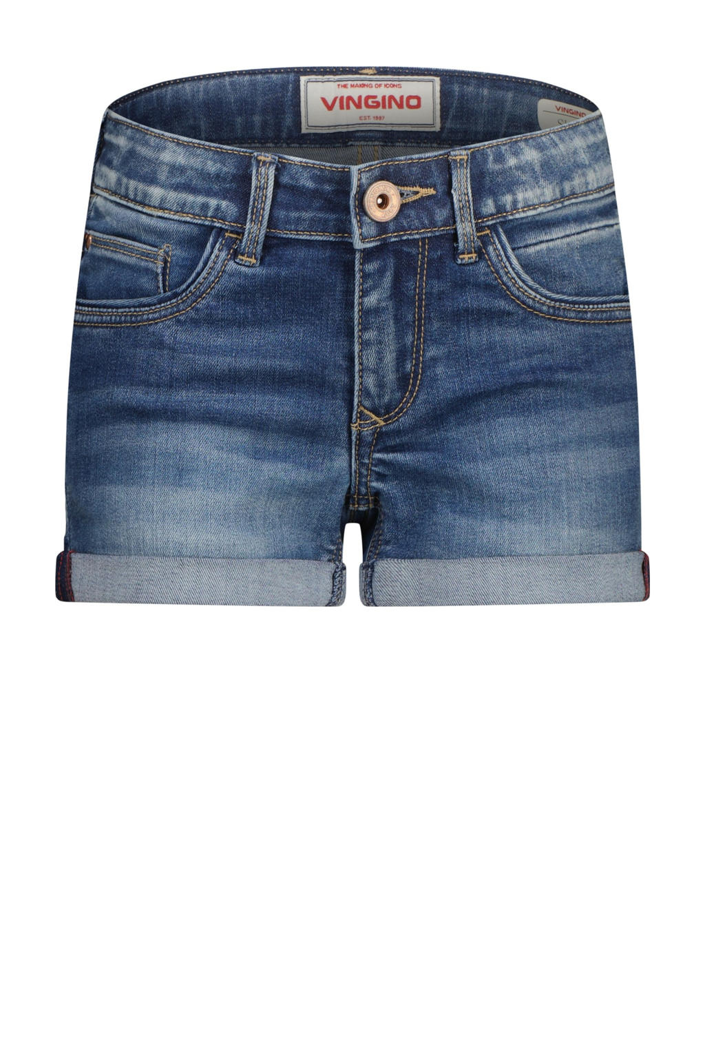 Medium blue denim meisjes Vingino regular short van denim met rits- en knoopsluiting en effen
