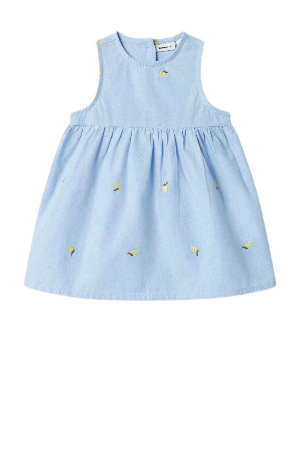 Lichtblauwe meisjes NAME IT BABY zomerjurk van katoen met logo dessin, ronde hals, knoopsluiting en borduursels