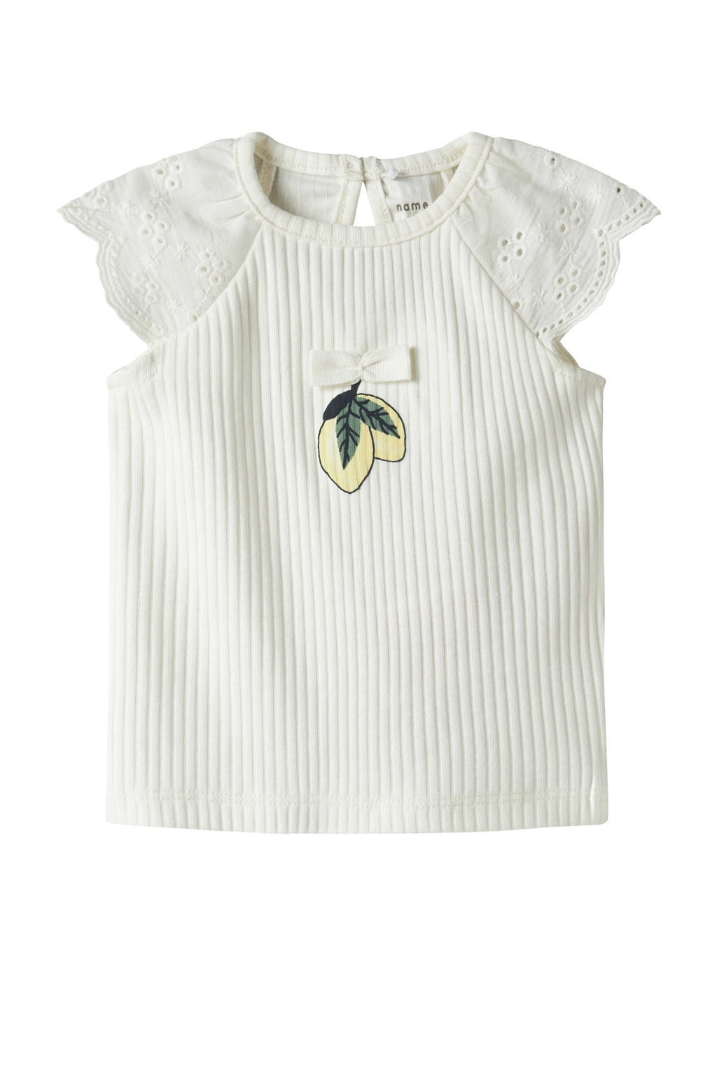 Witte meisjes NAME IT BABY T-shirt broderie van stretchkatoen met printopdruk, korte mouwen, ronde hals, knoopsluiting en gebreide details