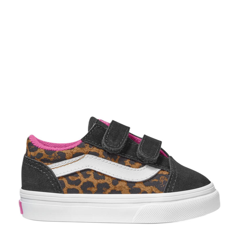 Zwart, camel en roze jongens en meisjes VANS Old Skool V sneakers van canvas/voering: textiel/voetbed: eva met klittenband en dierenprint